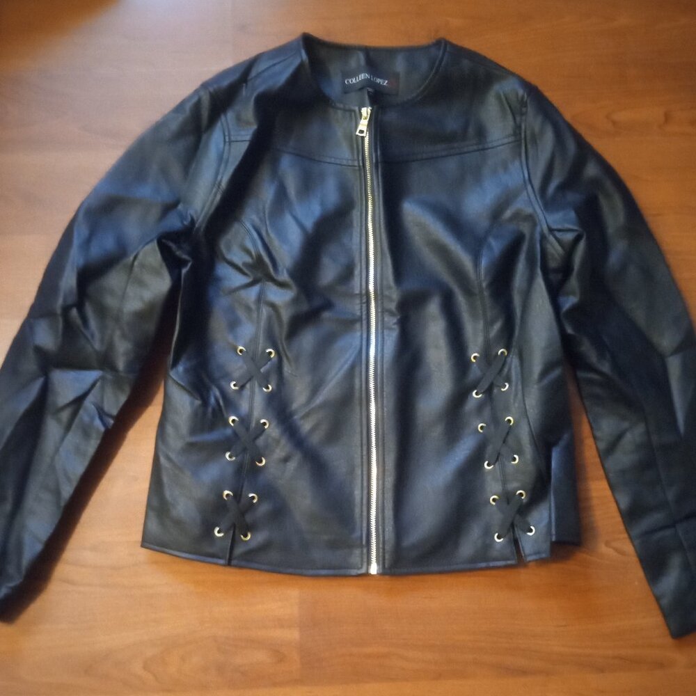 Colleen Lopez Black Faux Leather Criss Cross Whipstitch Moto Jacket XS HSN